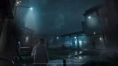 Civilian crossing a rain-soaked industrial yard in East Haddonfield in official Halloween: The Game artwork
