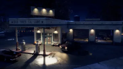 Phelps Garage gas pumps and service bays at night on the East Haddonfield map in Halloween: The Game