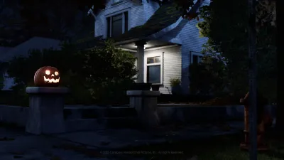 White Haddonfield Heights house with a glowing jack-o-lantern by the walkway in Halloween: The Game