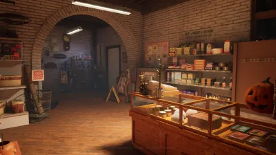 Nichols Hardware interior with shelves, counter, and Halloween pumpkin display in Halloween: The Game