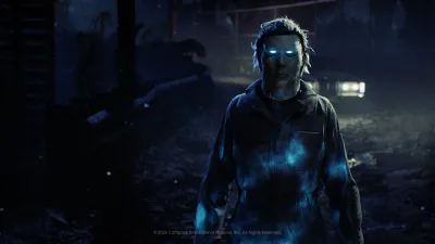 Halloween: The Game preorder announcement artwork with Michael Myers lit by a cold blue glow outside a Haddonfield house