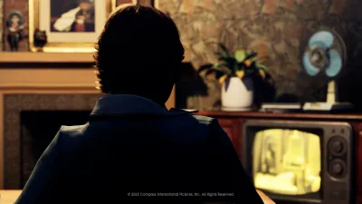 Michael Myers watching a television from inside a warmly lit Haddonfield living room in Halloween: The Game