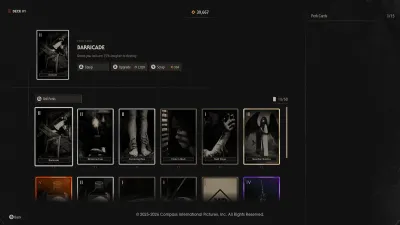 Halloween: The Game Perk Cards menu showing Barricade and a grid of upgradeable card options