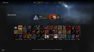 Halloween: The Game player customization menu showing profile icons, backgrounds, and titles