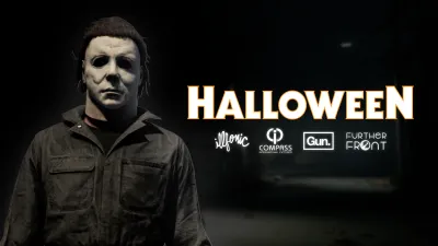 Michael Myers standing in a rain-soaked Haddonfield street in official Halloween: The Game release-date gameplay artwork
