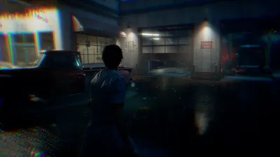 Civilian approaching a lit garage at night in an official Halloween: The Game screenshot from the Steam PC listing