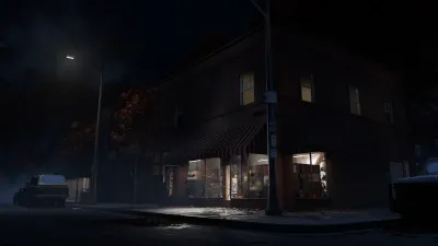 Dark Haddonfield Town Center storefronts in an official Halloween: The Game screenshot from the Steam PC listing