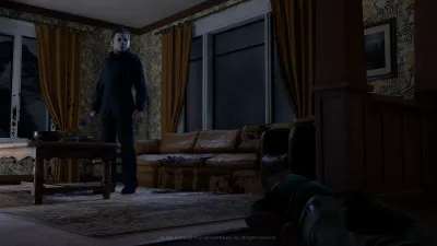 Michael Myers standing inside a furnished Haddonfield living room in Halloween: The Game story mode